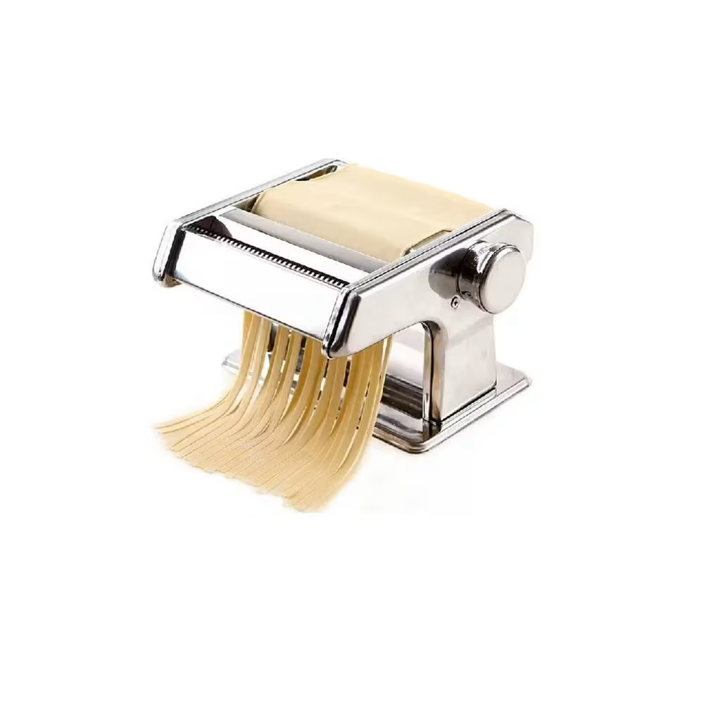 Mașină Manuală de Făcut Paste, Inox, Grosime Reglabilă, Rolă pentru Întins Aluat și Tăiere, Include Clemă de Fixare și Manivelă, Albastru Metalizat