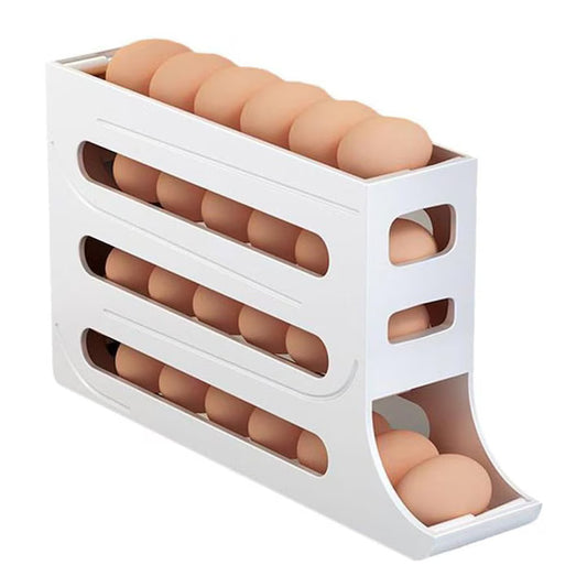 Organizator Vertical pentru Ouă, Dispenser cu 4 Niveluri pentru Frigider, Design Compact cu Auto-Rulare, Capacitate 30 Ouă, Alb/Transparent
