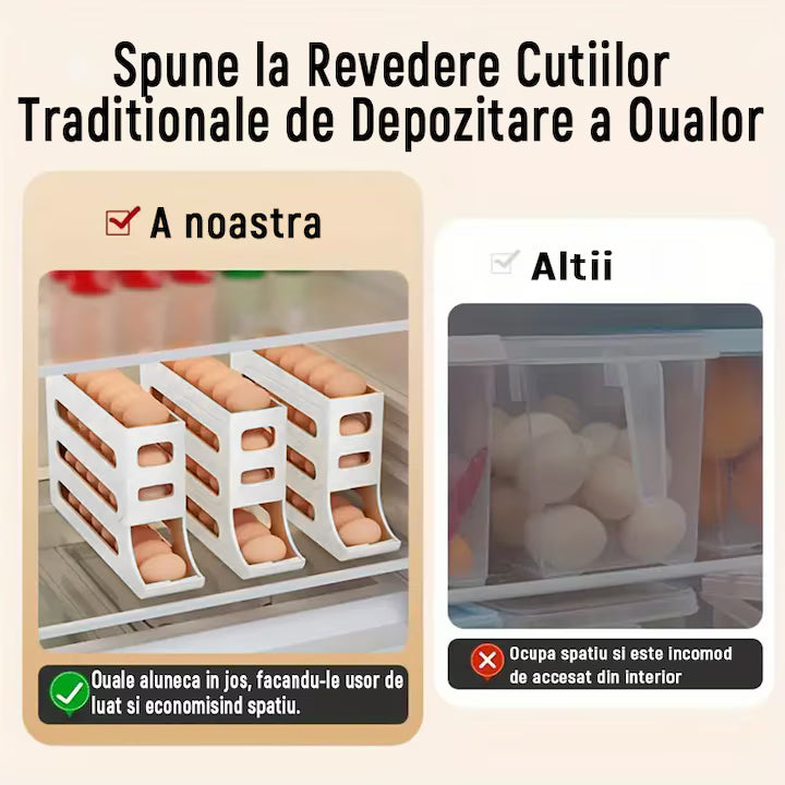 Organizator Vertical pentru Ouă, Dispenser cu 4 Niveluri pentru Frigider, Design Compact cu Auto-Rulare, Capacitate 30 Ouă, Alb/Transparent