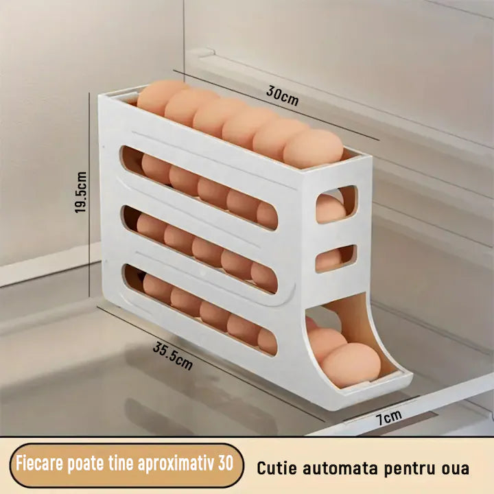 Organizator Vertical pentru Ouă, Dispenser cu 4 Niveluri pentru Frigider, Design Compact cu Auto-Rulare, Capacitate 30 Ouă, Alb/Transparent