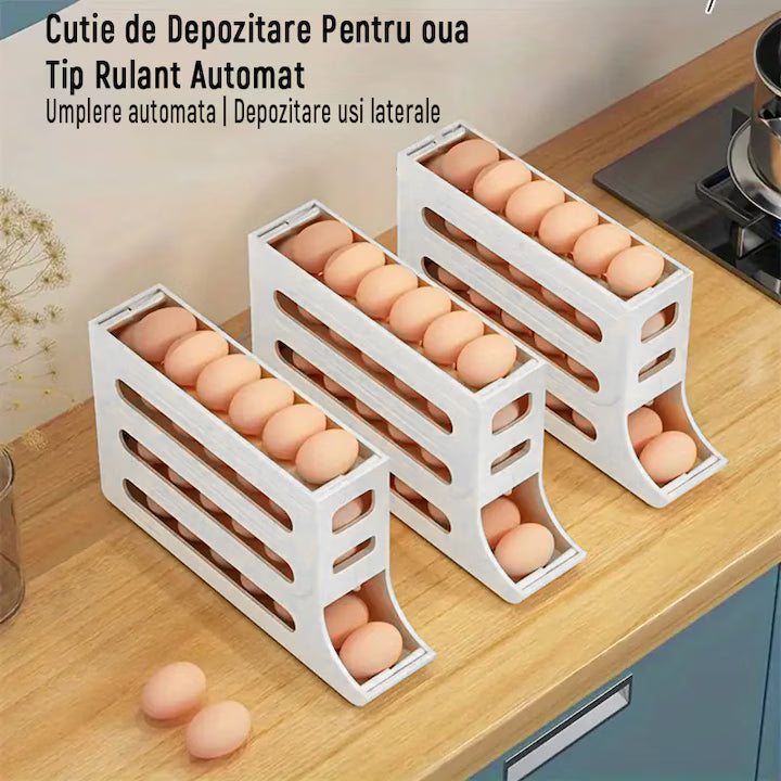 Organizator Vertical pentru Ouă, Dispenser cu 4 Niveluri pentru Frigider, Design Compact cu Auto-Rulare, Capacitate 30 Ouă, Alb/Transparent