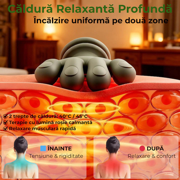 Aparat de Masaj Cervical 4D Shiatsu, Multifuncțional, Încălzire Infraroșu 45°C, 3 Intensități, Wireless, Autonomie 70 min, Ergonomic pentru Gât, Umeri și Spate