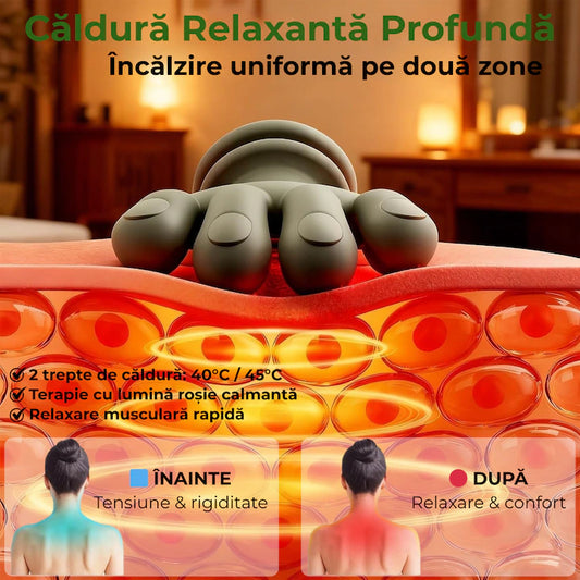 Aparat de Masaj Cervical 4D Shiatsu, Multifuncțional, Încălzire Infraroșu 45°C, 3 Intensități, Wireless, Autonomie 70 min, Ergonomic pentru Gât, Umeri și Spate