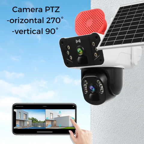 Cameră Supraveghere 4G LTE cu Panou Solar, Rezoluție 3K Ultra HD, Dual Lens, Sirena Audio, App OKAM