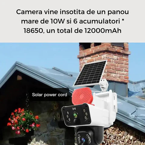 Cameră Supraveghere 4G LTE cu Panou Solar, Rezoluție 3K Ultra HD, Dual Lens, Sirena Audio, App OKAM
