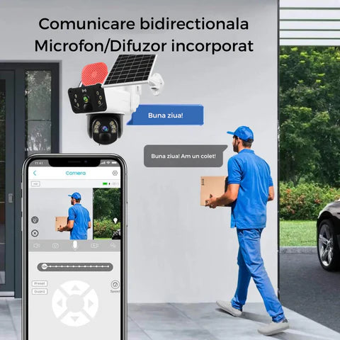 Cameră Supraveghere 4G LTE cu Panou Solar, Rezoluție 3K Ultra HD, Dual Lens, Sirena Audio, App OKAM