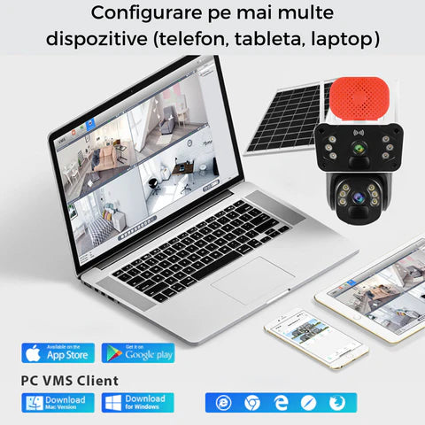 Cameră Supraveghere 4G LTE cu Panou Solar, Rezoluție 3K Ultra HD, Dual Lens, Sirena Audio, App OKAM
