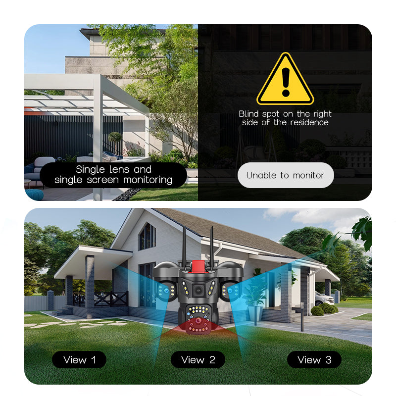 Cameră Supraveghere Exterior Wi-Fi/4G, Trei Lentile, 6MP, PTZ 355°, Auto Tracking, Aplicație V380 Pro