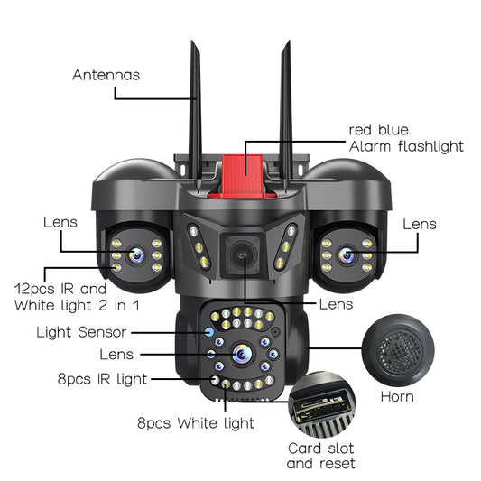 Cameră Supraveghere Exterior Wi-Fi/4G, Trei Lentile, 6MP, PTZ 355°, Auto Tracking, Aplicație V380 Pro