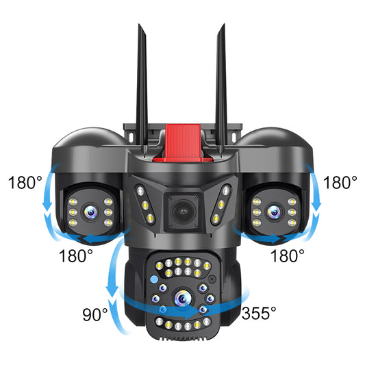 Cameră Supraveghere Exterior Wi-Fi/4G, Trei Lentile, 6MP, PTZ 355°, Auto Tracking, Aplicație V380 Pro