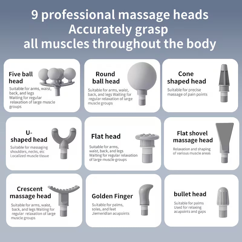 Pistol de Masaj Profesional, 9 Capete, 5 Viteze, Percuție Deep Tissue
