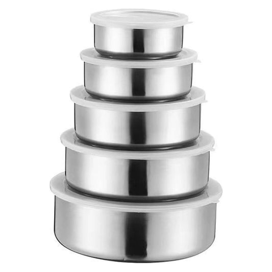 Set 5 Boluri din Oțel Inoxidabil pentru Depozitare și Mixare, cu Capace Transparente, 280ml - 1580ml