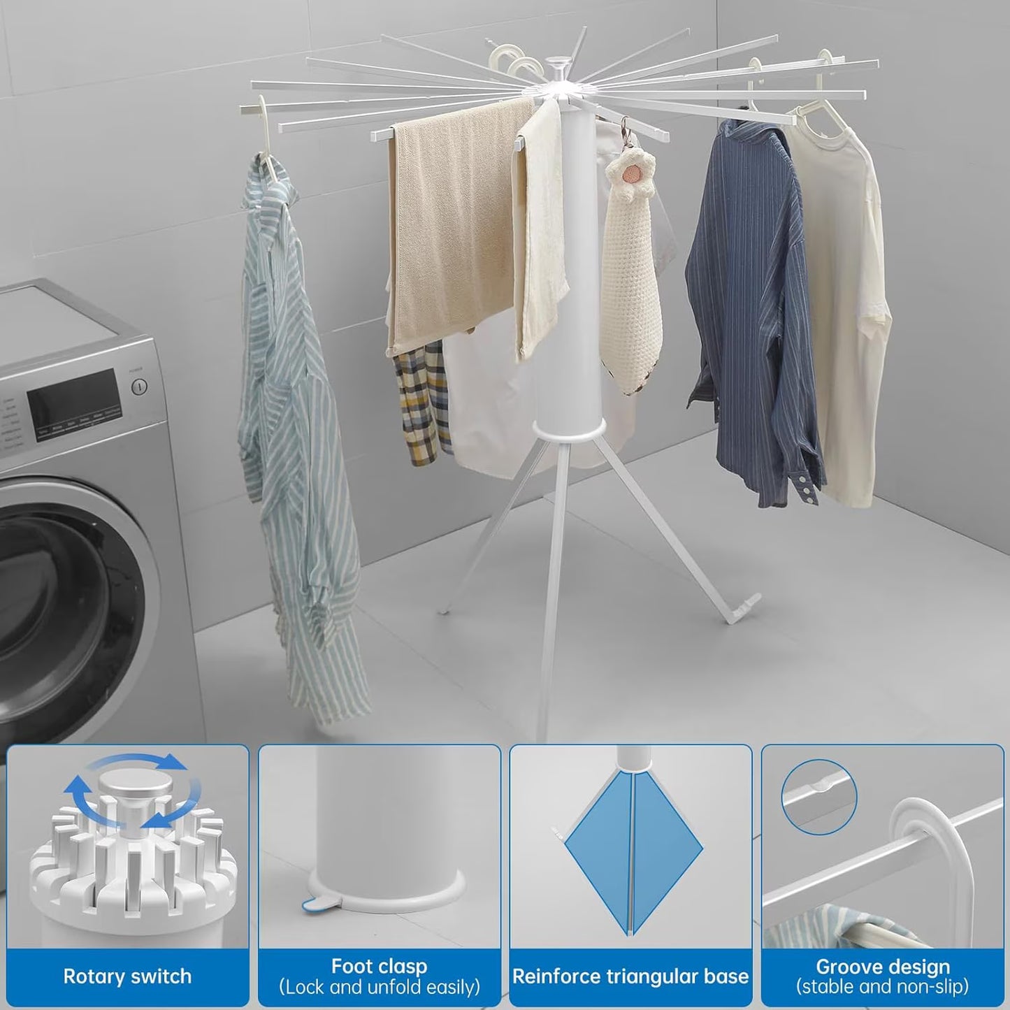 Uscător de Rufe Vertical Tip Umbrelă, Aluminiu și ABS, Pliabil, Rotire 360°, Capacitate 40kg