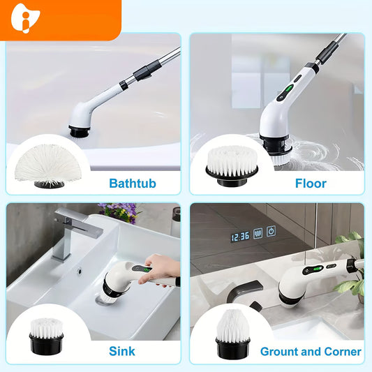 Perie Electrică Rotativă 9-în-1, Mop Multifuncțional cu Mâner Telescopic, 2 Viteze, Autonomie 2h, Alb/Negru