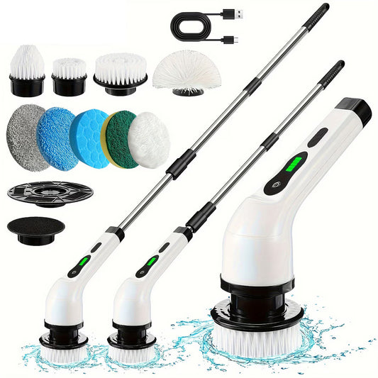 Perie Electrică Rotativă 9-în-1, Mop Multifuncțional cu Mâner Telescopic, 2 Viteze, Autonomie 2h, Alb/Negru
