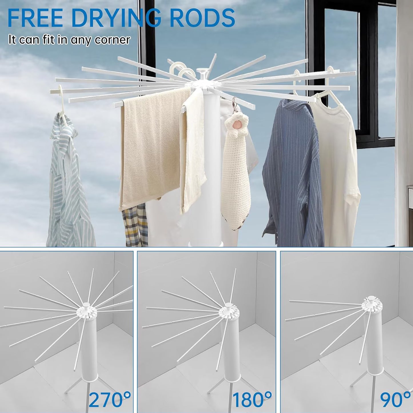 Uscător de Rufe Vertical Tip Umbrelă, Aluminiu și ABS, Pliabil, Rotire 360°, Capacitate 40kg