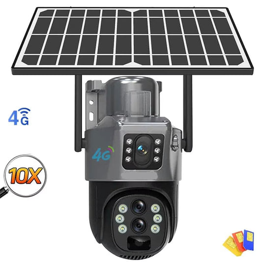 Cameră Supraveghere 4G LTE cu Panou Solar, Trei Lentile, Zoom Optic 10X, 8MP (4MP+4MP), Aplicație V380 Pro