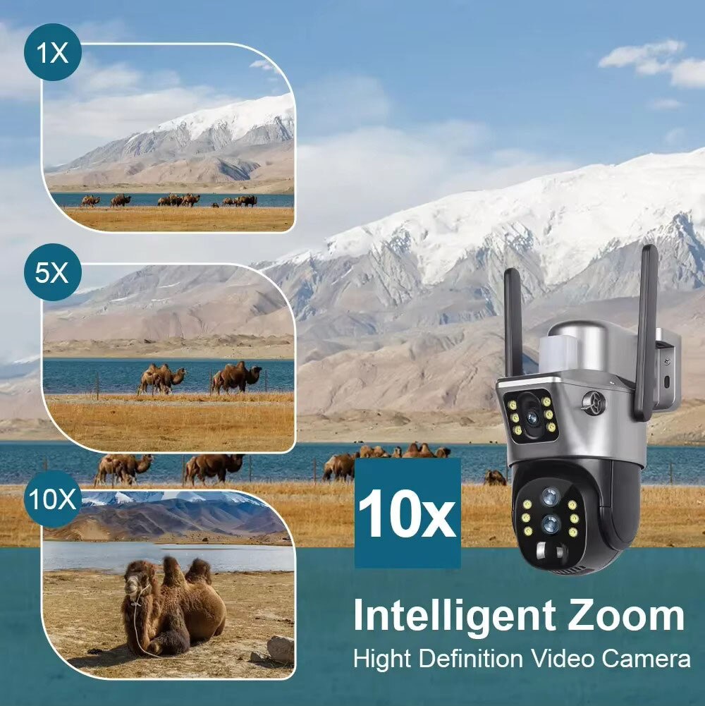 Cameră Supraveghere 4G LTE cu Panou Solar, Trei Lentile, Zoom Optic 10X, 8MP (4MP+4MP), Aplicație V380 Pro