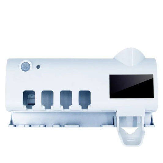 Dozator Pastă de Dinți și Suport 4 Periuțe cu Sterilizator UV, Încărcare USB/Solară, Alb