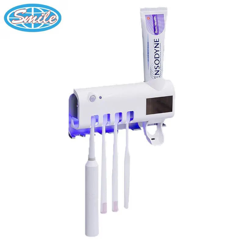 Dozator Pastă de Dinți și Suport 4 Periuțe cu Sterilizator UV, Încărcare USB/Solară, Alb