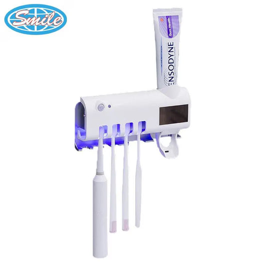 Dozator Pastă de Dinți și Suport 4 Periuțe cu Sterilizator UV, Încărcare USB/Solară, Alb