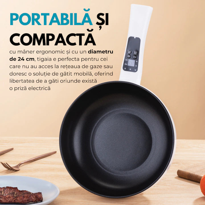 Tigaie electrica alba cu afisaj digital pe maner si accesoriu abur

Gatire simultana la abur si fierbere in oala electrica multifunctionala

Panou de control tactil pe manerul tigaii electrice smart