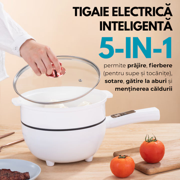 Tigaie electrica alba cu afisaj digital pe maner si accesoriu abur

Gatire simultana la abur si fierbere in oala electrica multifunctionala

Panou de control tactil pe manerul tigaii electrice smart