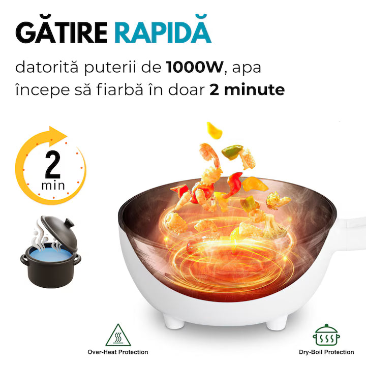 Tigaie electrica alba cu afisaj digital pe maner si accesoriu abur

Gatire simultana la abur si fierbere in oala electrica multifunctionala

Panou de control tactil pe manerul tigaii electrice smart