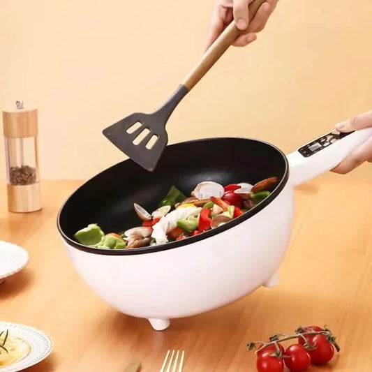 Tigaie electrica alba cu afisaj digital pe maner si accesoriu abur

Gatire simultana la abur si fierbere in oala electrica multifunctionala

Panou de control tactil pe manerul tigaii electrice smart
