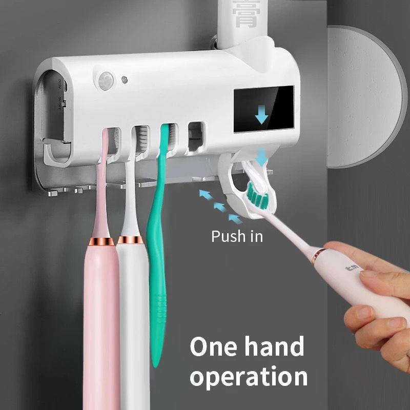 Dozator Pastă de Dinți și Suport 4 Periuțe cu Sterilizator UV, Încărcare USB/Solară, Alb