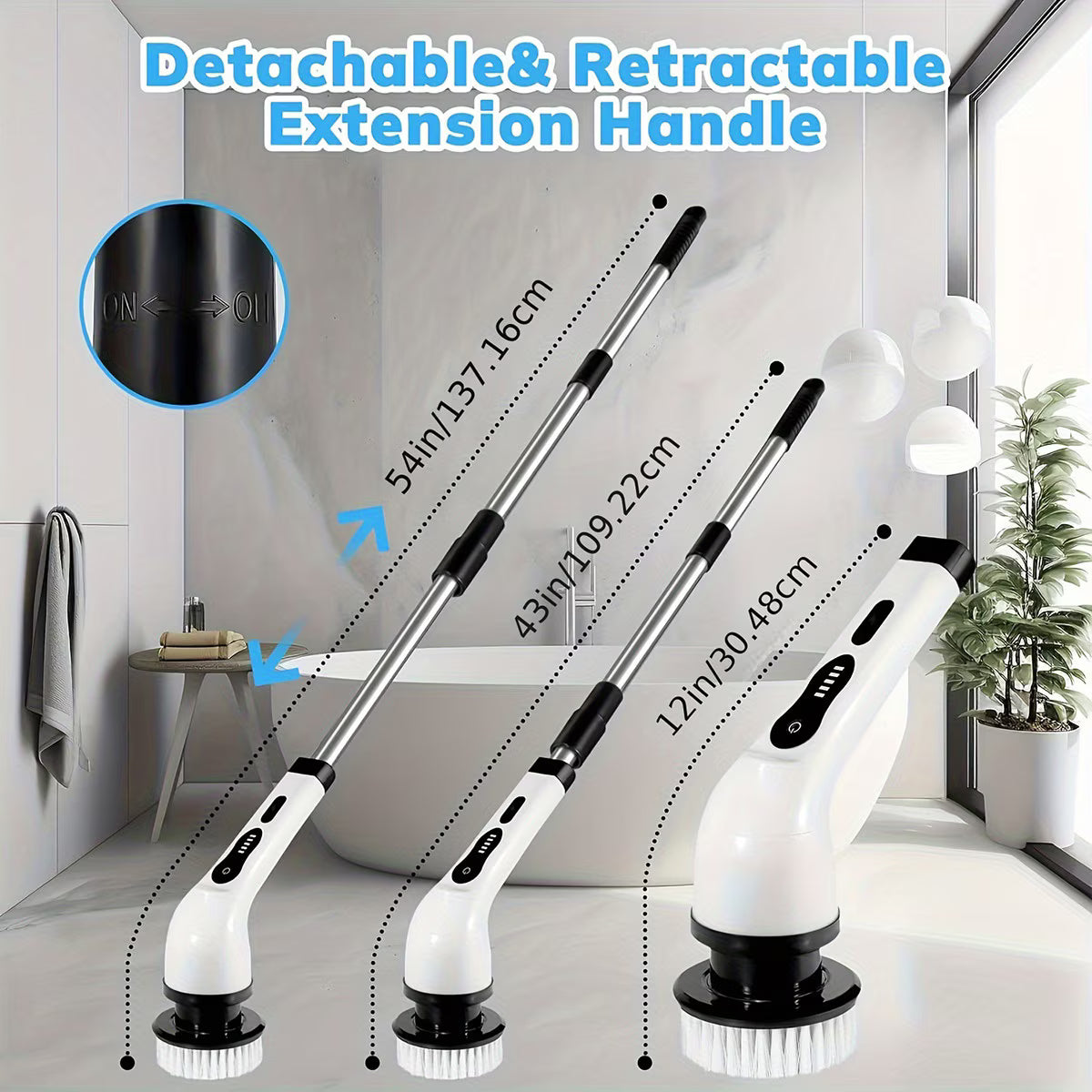 Perie Electrică Rotativă 9-în-1, Mop Multifuncțional cu Mâner Telescopic, 2 Viteze, Autonomie 2h, Alb/Negru