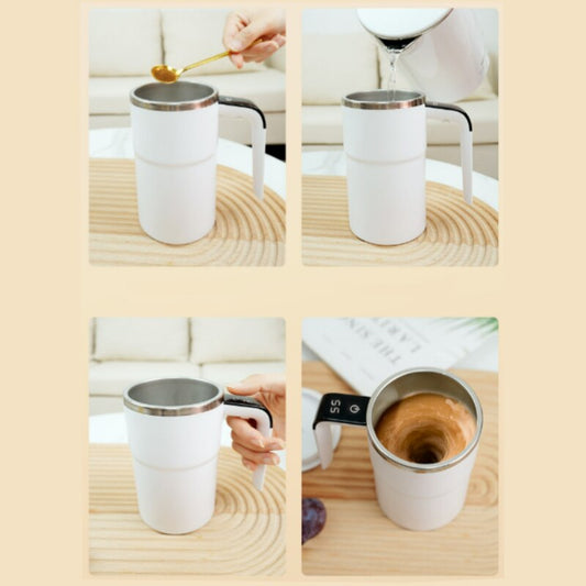 Cană Inteligentă cu Amestecare Magnetică, Afișaj LCD Temperatură, 400ml, Încărcare USB, Albă