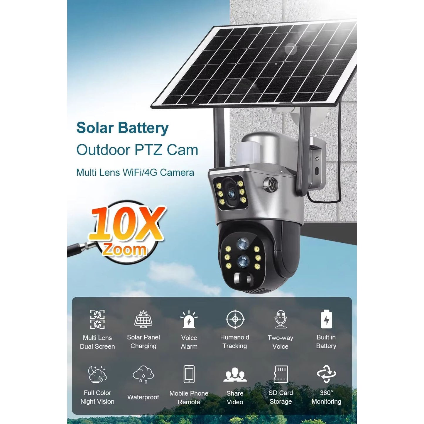 Cameră Supraveghere 4G LTE cu Panou Solar, Trei Lentile, Zoom Optic 10X, 8MP (4MP+4MP), Aplicație V380 Pro