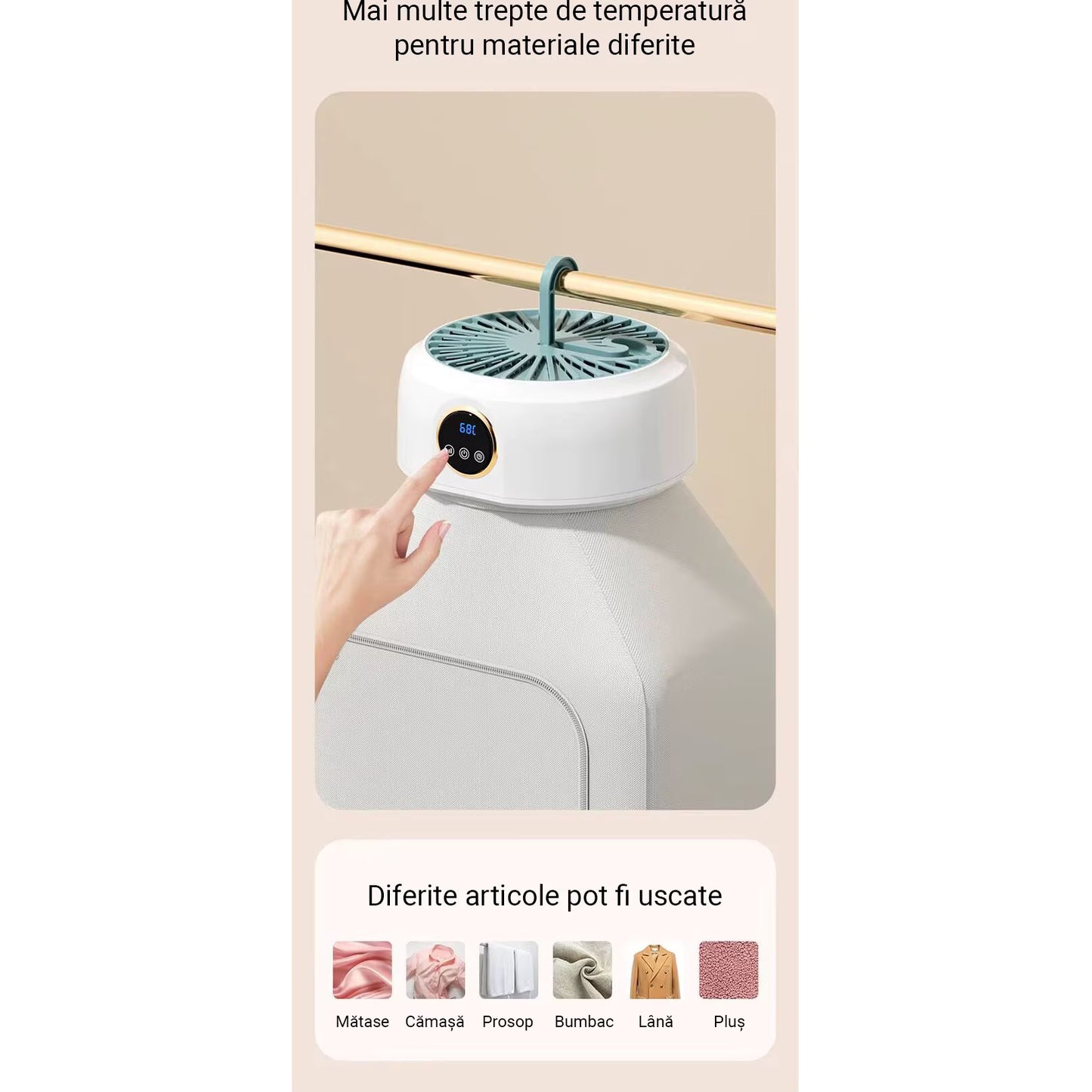 Uscător de Rufe Portabil Inteligent, Pliabil, Circulație Aer 360°, Capacitate 10kg, Ecran Tactil