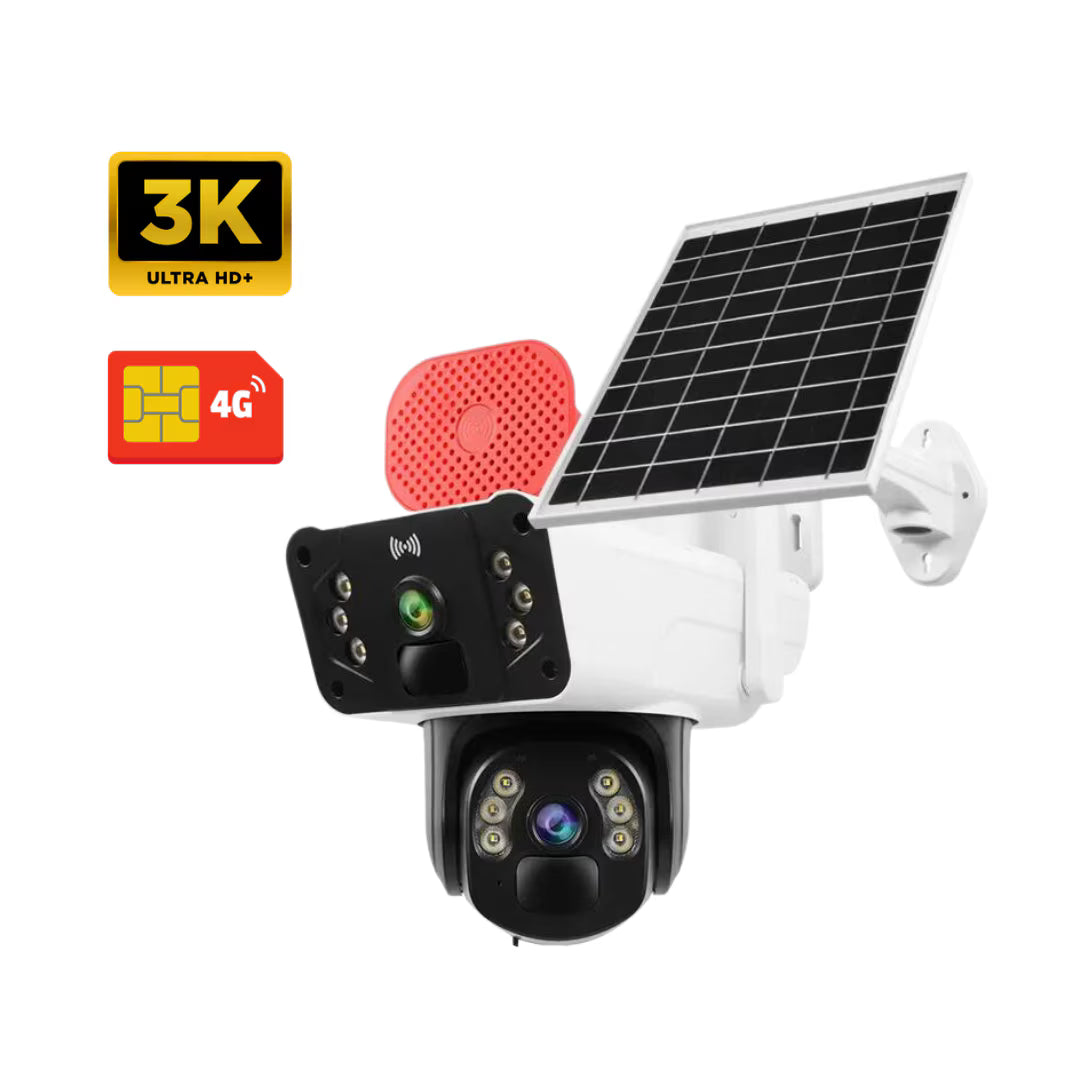 Cameră Supraveghere 4G LTE cu Panou Solar, Rezoluție 3K Ultra HD, Dual Lens, Sirena Audio, App OKAM