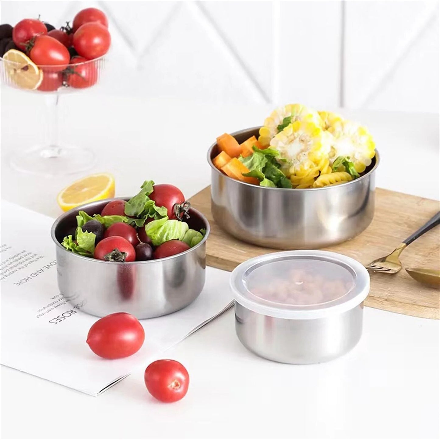 Set 5 Boluri din Oțel Inoxidabil pentru Depozitare și Mixare, cu Capace Transparente, 280ml - 1580ml