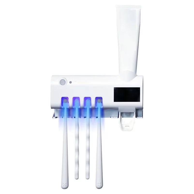 Dozator Pastă de Dinți și Suport 4 Periuțe cu Sterilizator UV, Încărcare USB/Solară, Alb