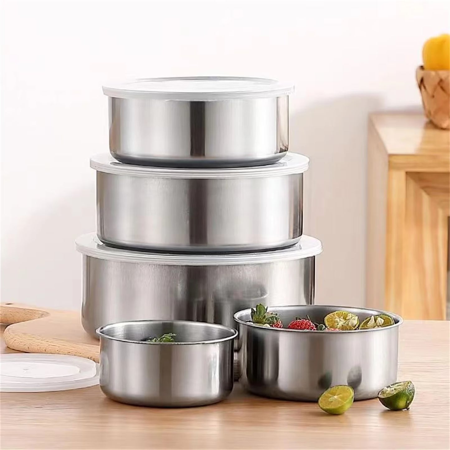 Set 5 Boluri din Oțel Inoxidabil pentru Depozitare și Mixare, cu Capace Transparente, 280ml - 1580ml