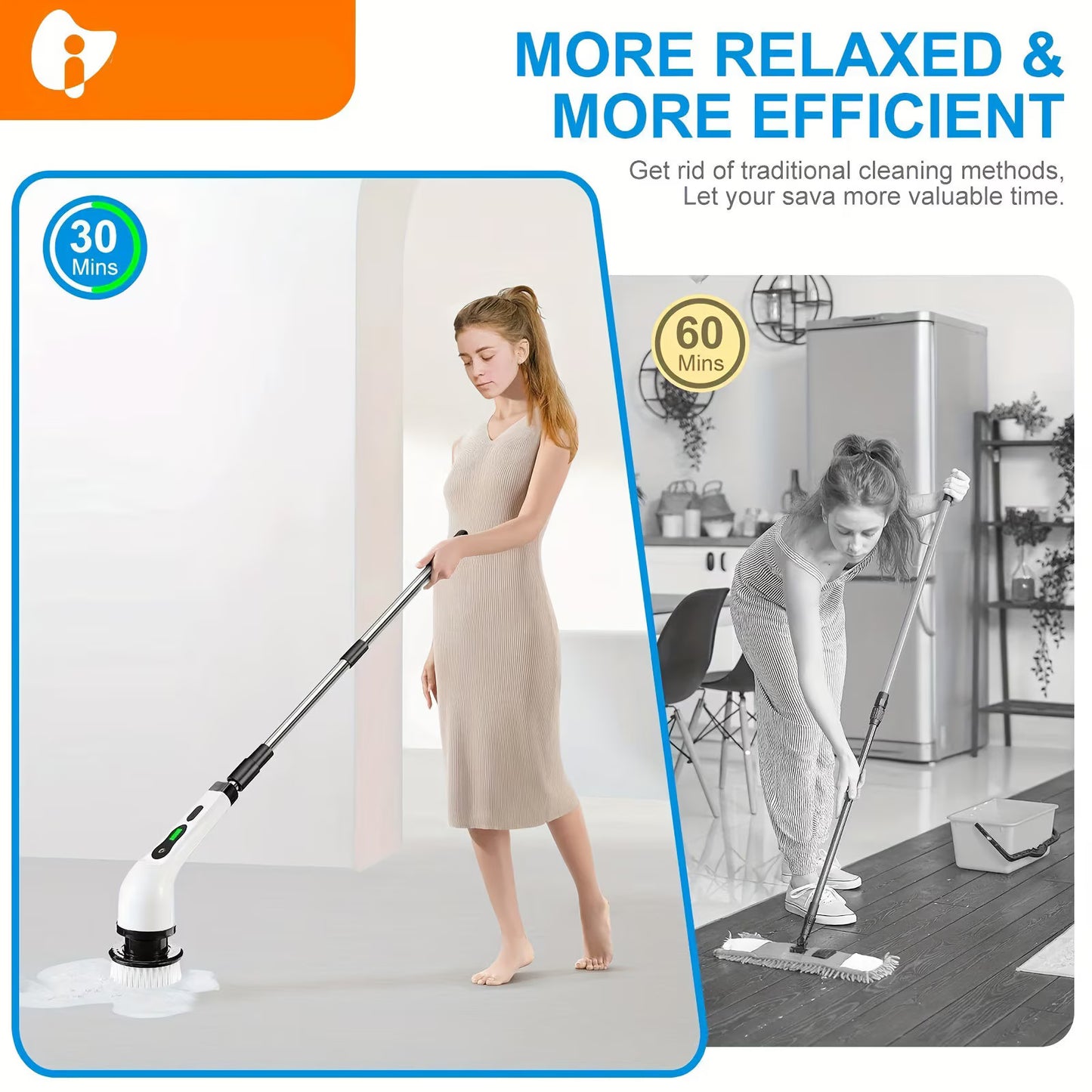 Perie Electrică Rotativă 9-în-1, Mop Multifuncțional cu Mâner Telescopic, 2 Viteze, Autonomie 2h, Alb/Negru